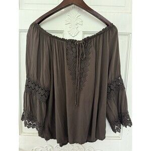 Tesoro Vintage Italian Blouse Boho Brown Crochet Trim One Size Made in Italy